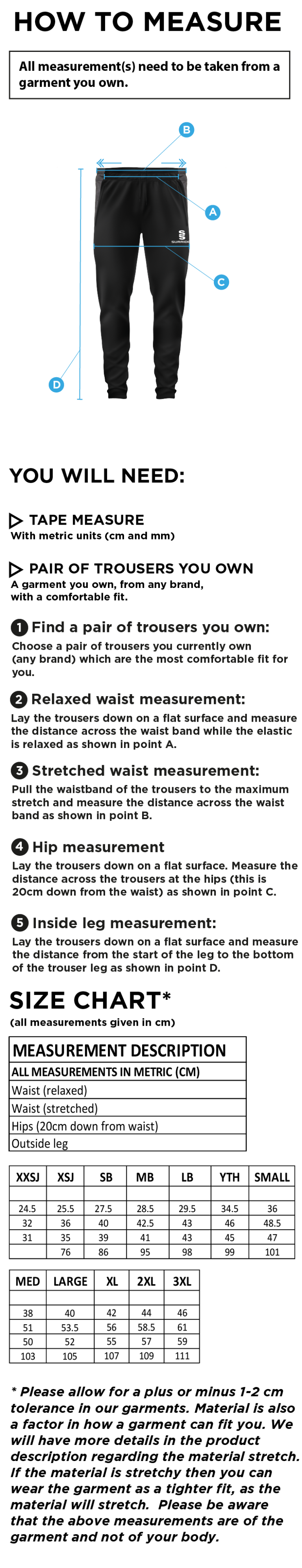 Coach Core - Tek Slim Training Pants - Unisex Fit - Size Guide