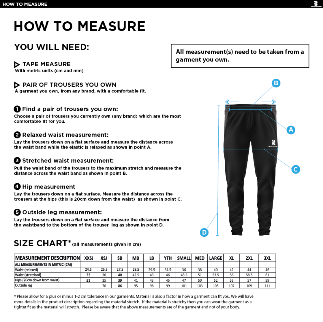 Coach Core - Tek Slim Training Pants - Unisex Fit - Size Guide