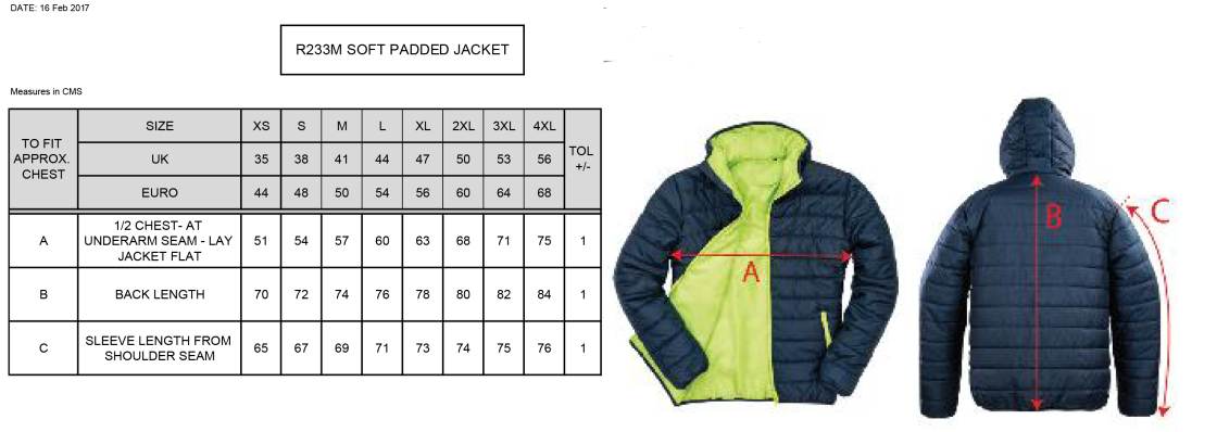 Coach Core - Supersoft Padded Jacket - Unisex Fit - Size Guide